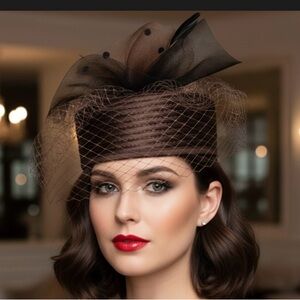 Brown Satin Pill Hat Fascinator w/Mesh Veil and Feathers